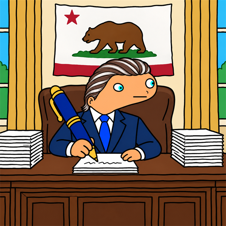 Spooder-style NEWSCUM character signing the parody 2028 campaign platform