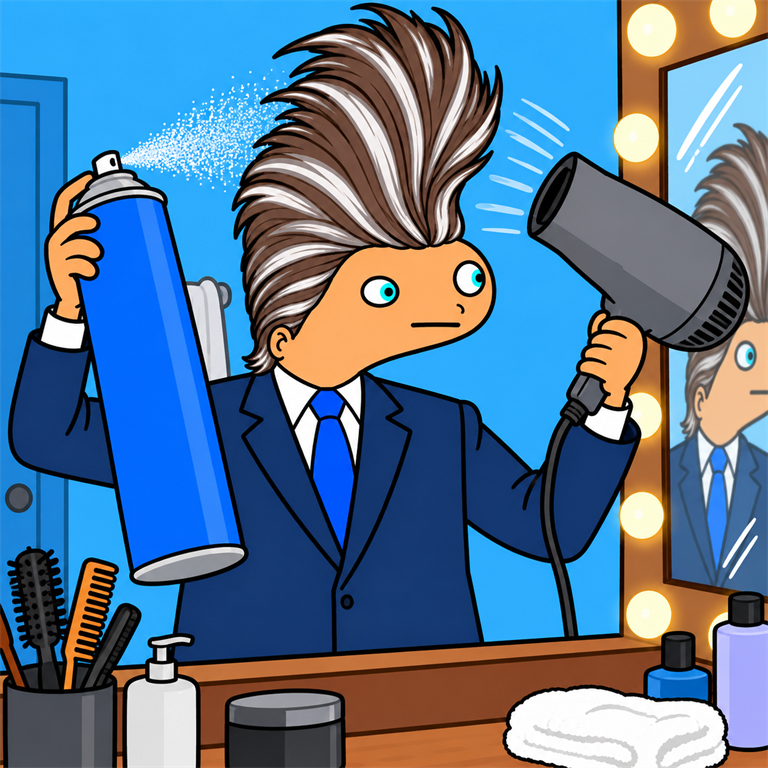 Spooder-style NEWSCUM character preparing his hair for a 2028 presidential debate