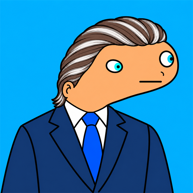 Spooder-style NEWSCUM 2028 presidential parody caricature in a navy suit