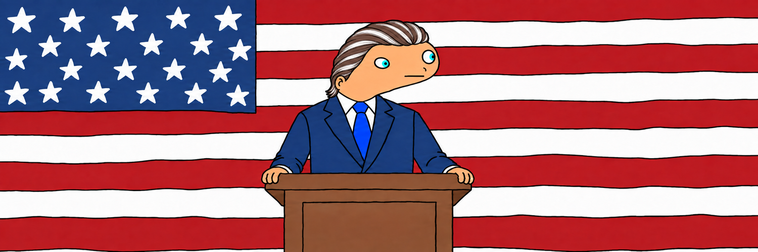 Spooder-style NEWSCUM 2028 parody candidate standing at a campaign podium in front of an American flag